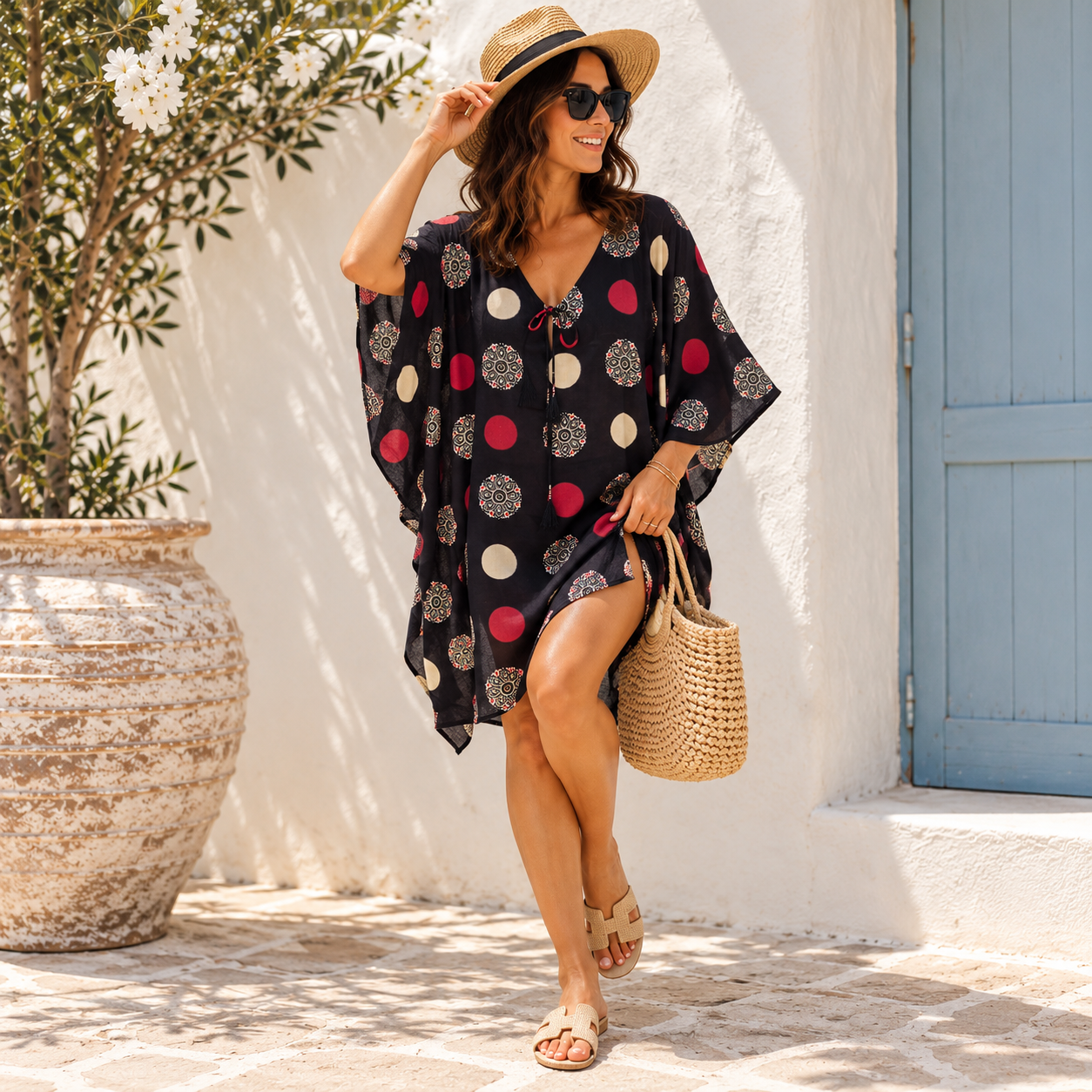 Black 100% Cotton Maya Top Tunic Kaftan With Front Tie - O/S 14-24