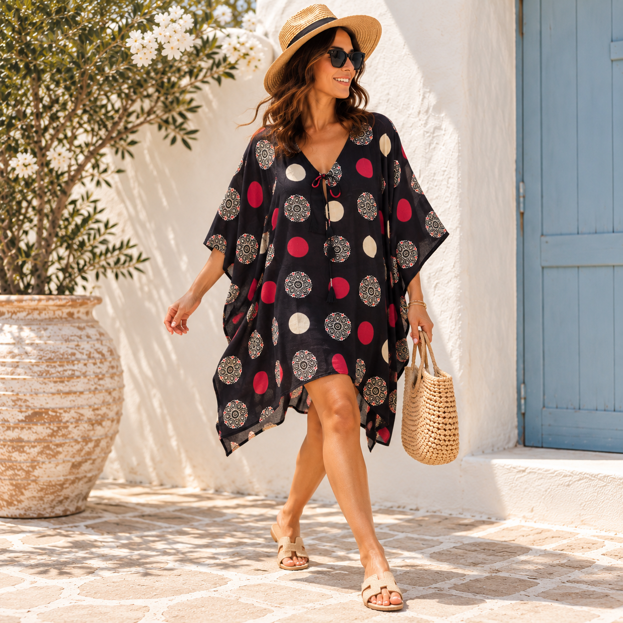 Black 100% Cotton Maya Top Tunic Kaftan With Front Tie - O/S 14-24