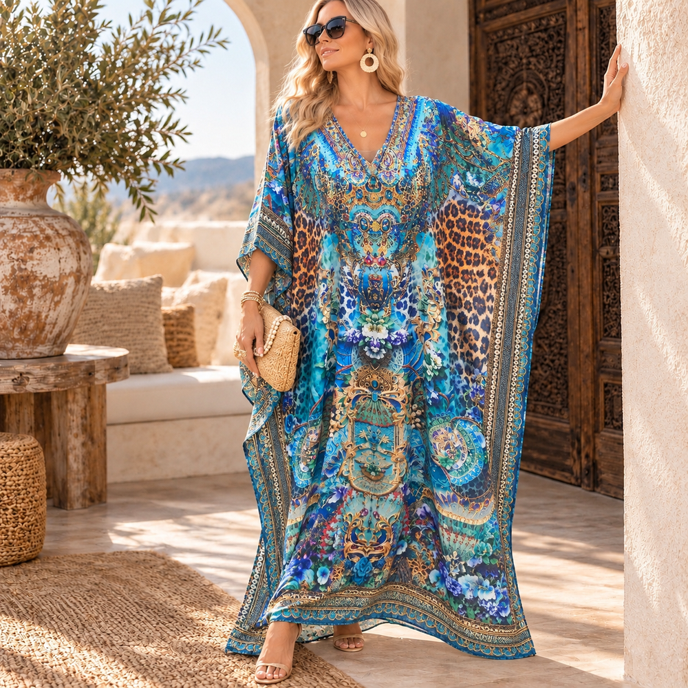 Royale Maya Mix Silk Embellished Bling Kaftan.            Sizes Available AU 12-32