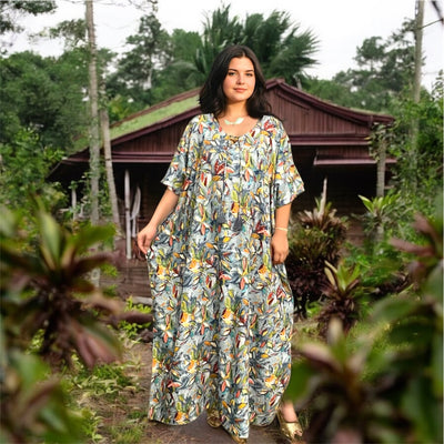 Green Fern Tropical Resort Cotton Bamboo Maxi Dress