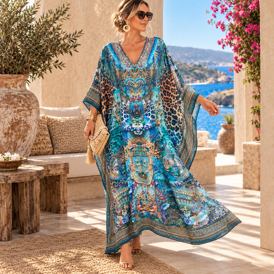 Royale Maya Mix Silk Embellished Bling Kaftan.            Sizes Available AU 12-32