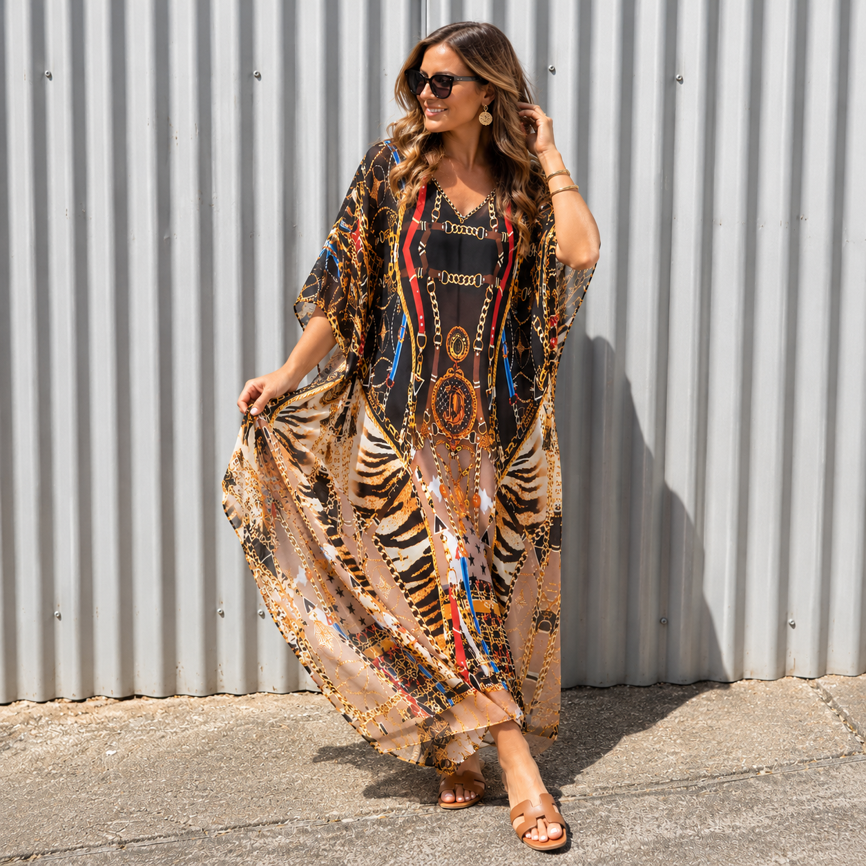 Mklane Maya Black Tropical Kaftan Dress