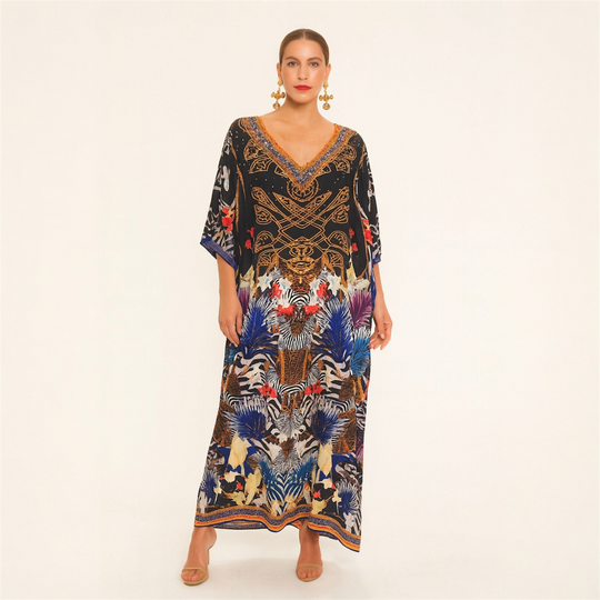 Black Maya Silk Mix Bling Kaftan.         Sizes Available AU 12-32