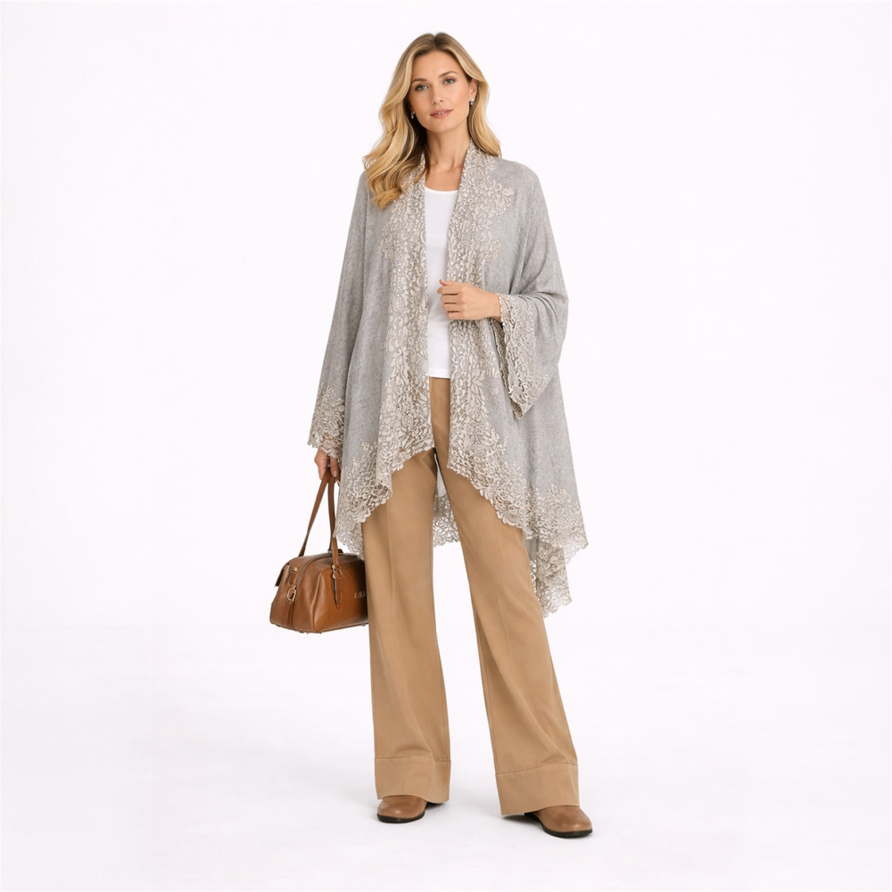 Grey Oversized Julian 100% Cashmere Knitted Cape Shawl with Lace