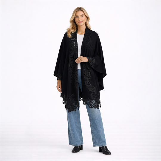 Black Oversized Julian 100% Cashmere Knitted Cape Shawl with Lace