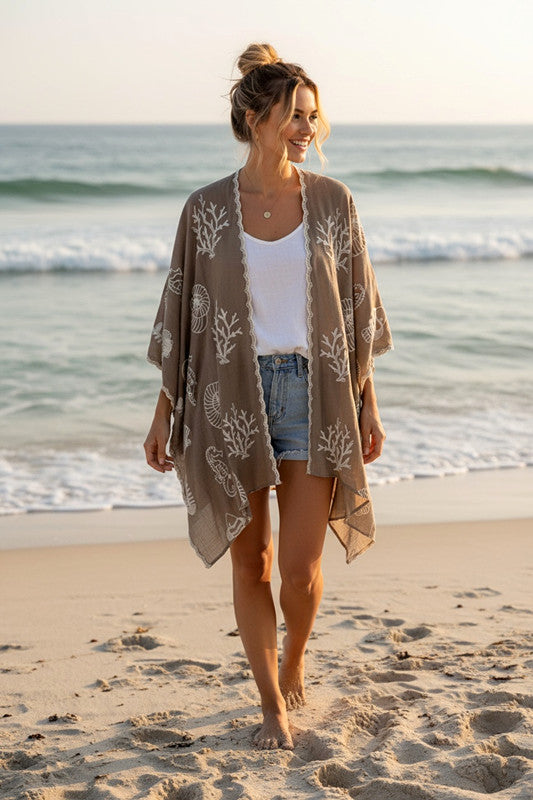 Sea Theme Mocha Embroidered Maya Coverup Kimono O/S 14-22