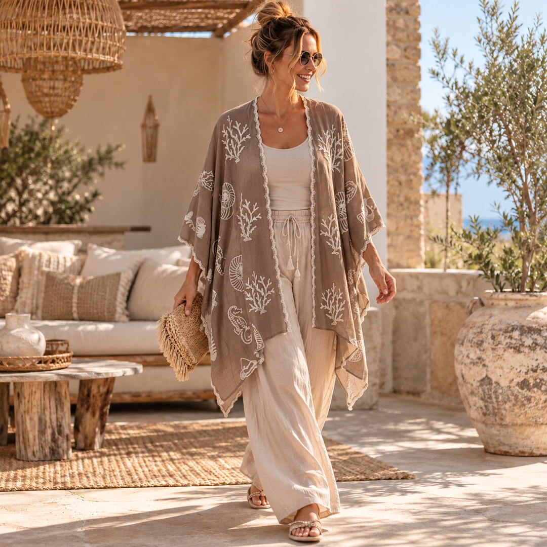 Sea Theme Mocha Embroidered Maya Coverup Kimono O/S 14-22