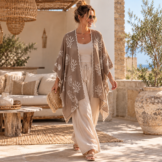 Sea Theme Mocha Embroidered Maya Coverup Kimono O/S 14-22