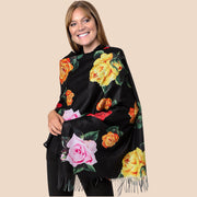 DEIA Black Floral Mixed Cashmere Blend Scarf - Sustainable & Soft