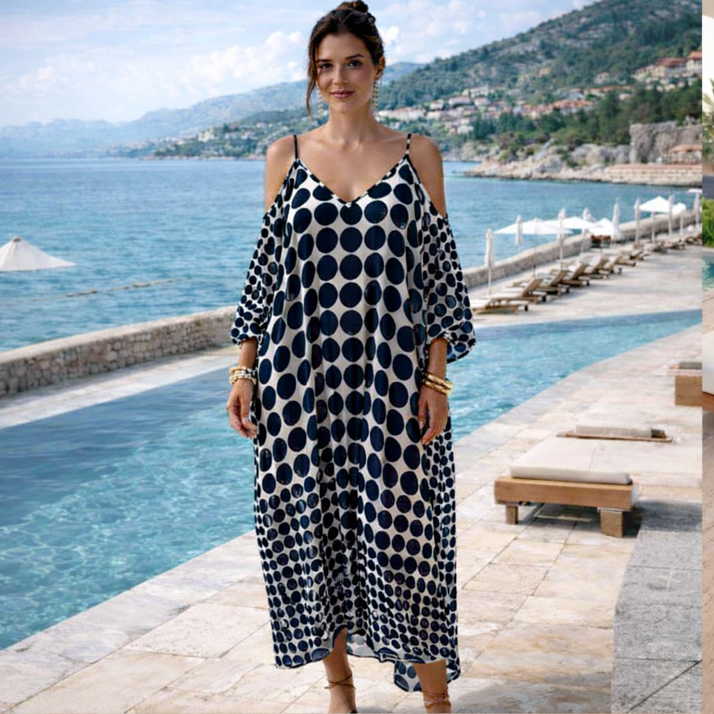 Coco Bella Cold Shoulder Midi Kaftan 12-20-Dark Dots