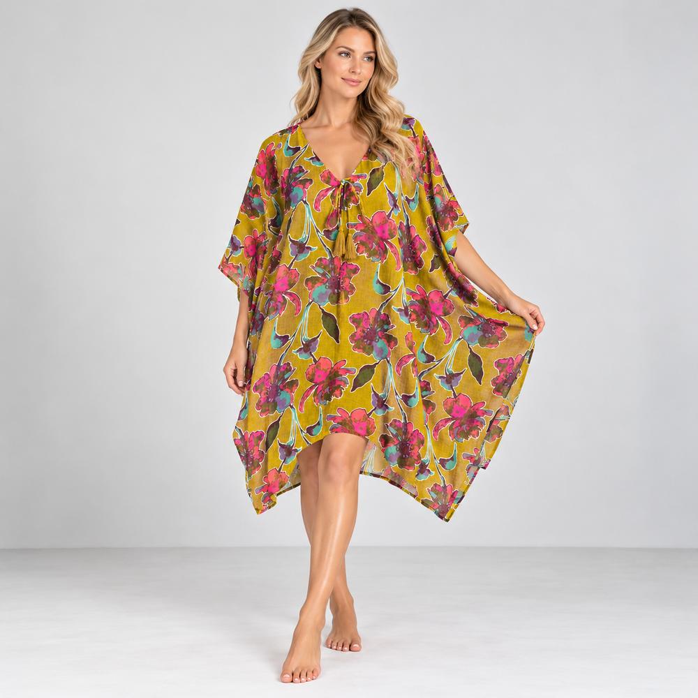 100% Cotton Maya Top Tunic Kaftan With Front Tie - O/S 14-26