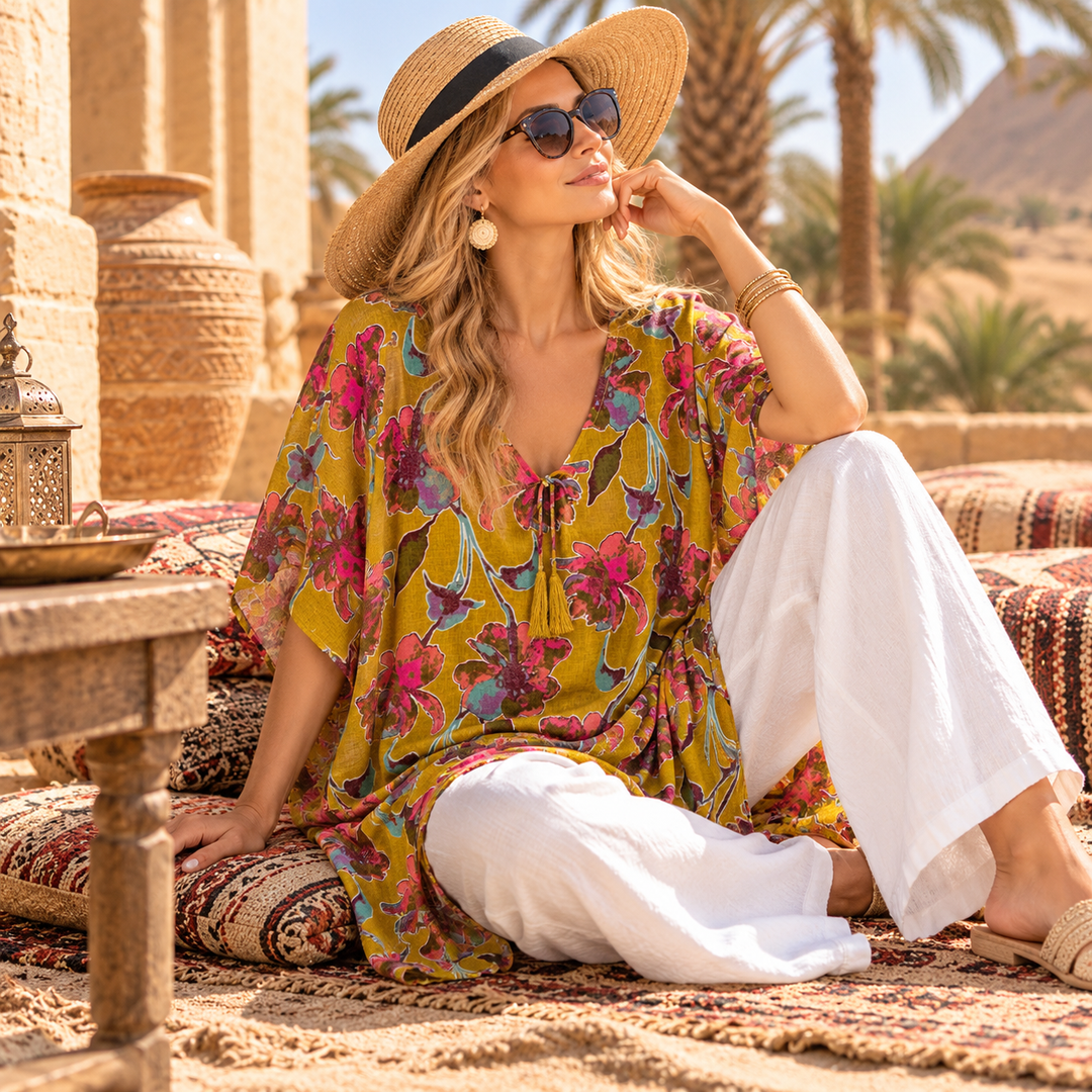 100% Cotton Maya Top Tunic Kaftan With Front Tie - O/S 14-26