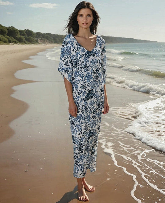 Maya Tropical White Rayon  Kaftan Dress O/S AU 12-22