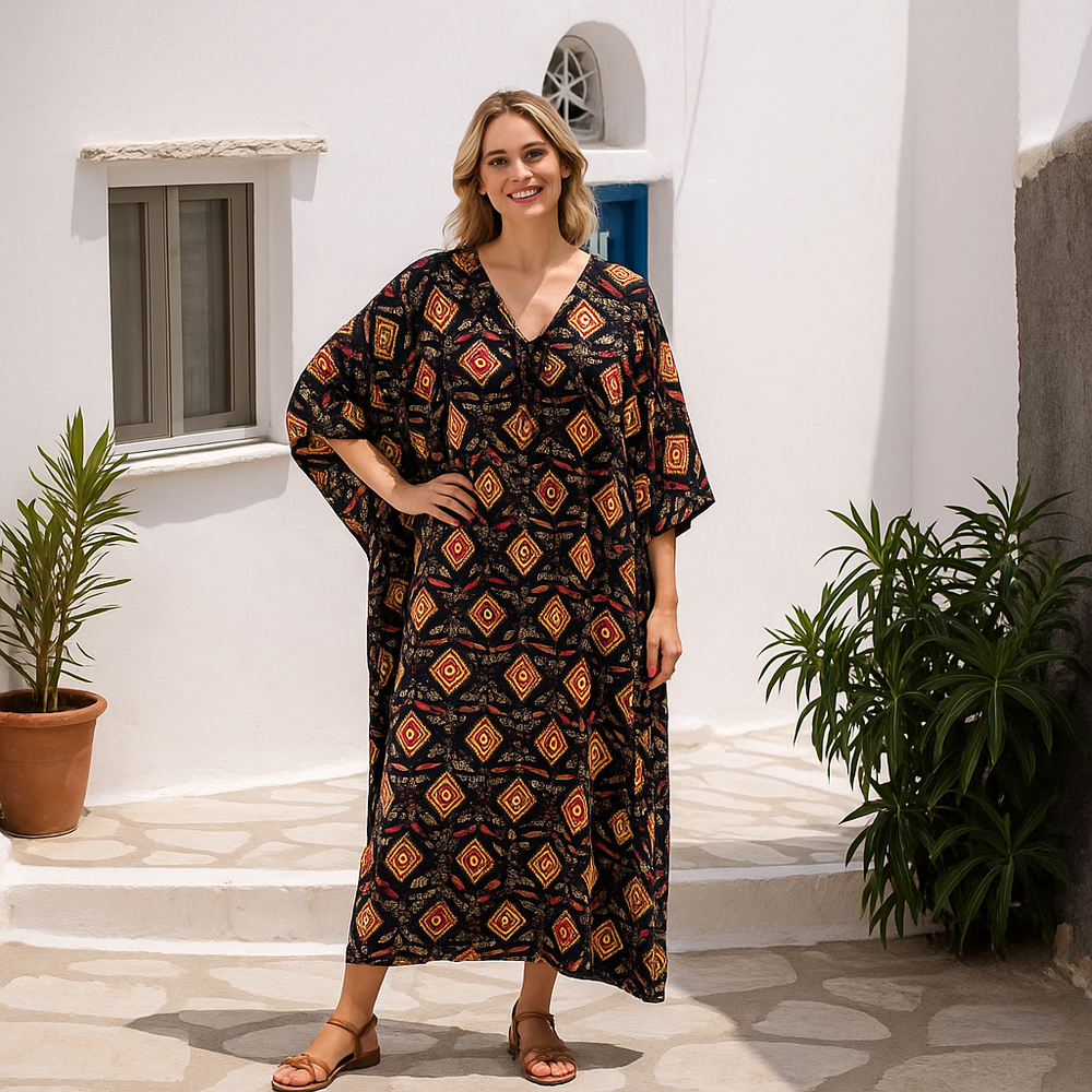 Maya Black Cotton Boho Kaftan Dress- Sizes Available AU 14-30