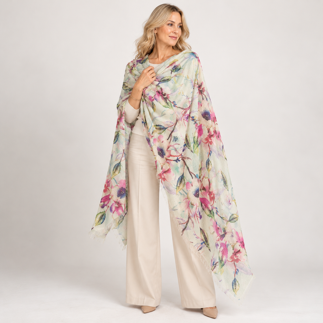 Mklane Cashmere Ultra fine Julian Wearable Art Scarf - Watercolour Garden