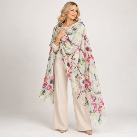 Mklane Cashmere Ultra fine Julian Wearable Art Scarf - Watercolour Garden