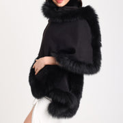 Black Julian 100% Cashmere Shawl Wrap Faux Fur Trim