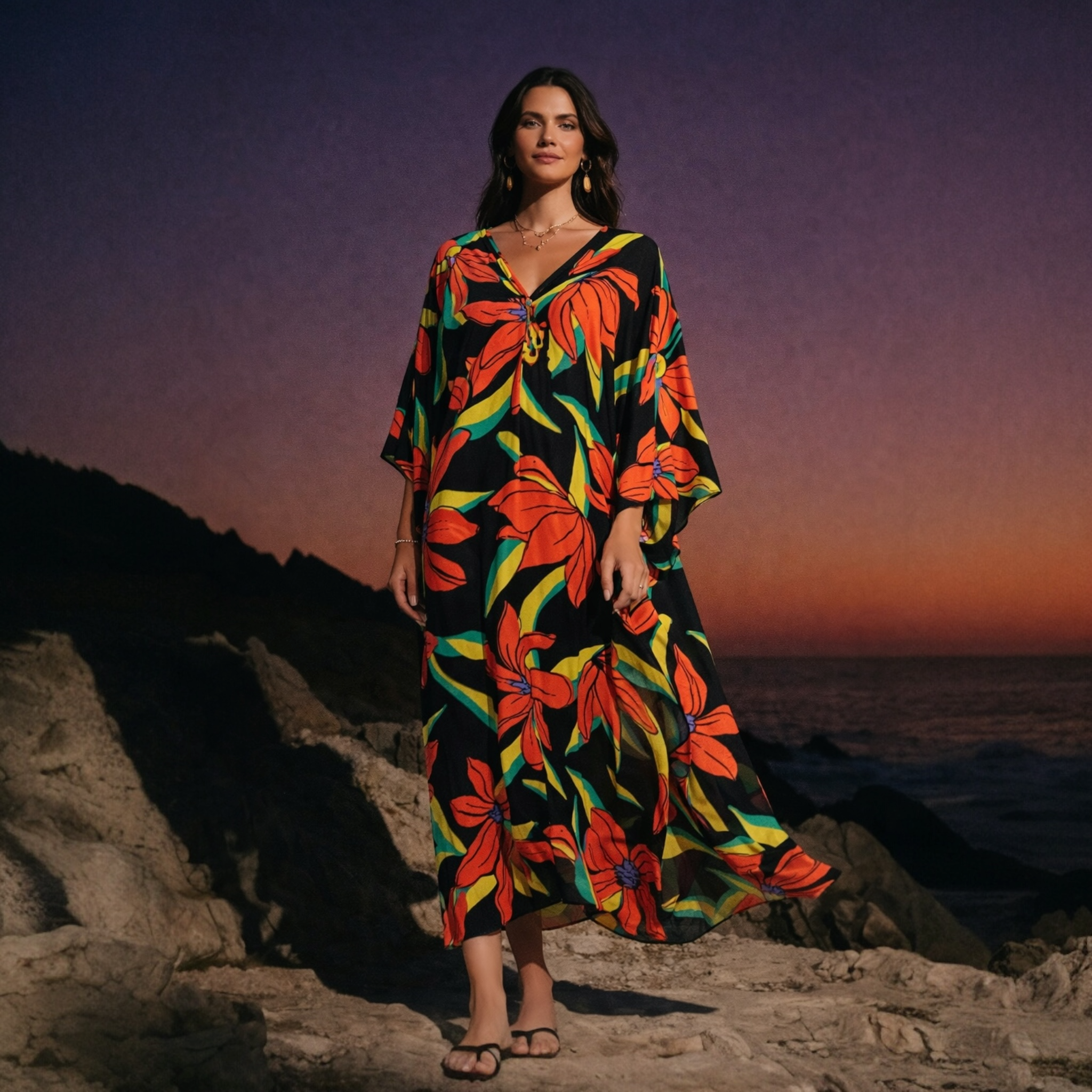 Black Tropical Resort Cotton Bamboo Maxi Dress