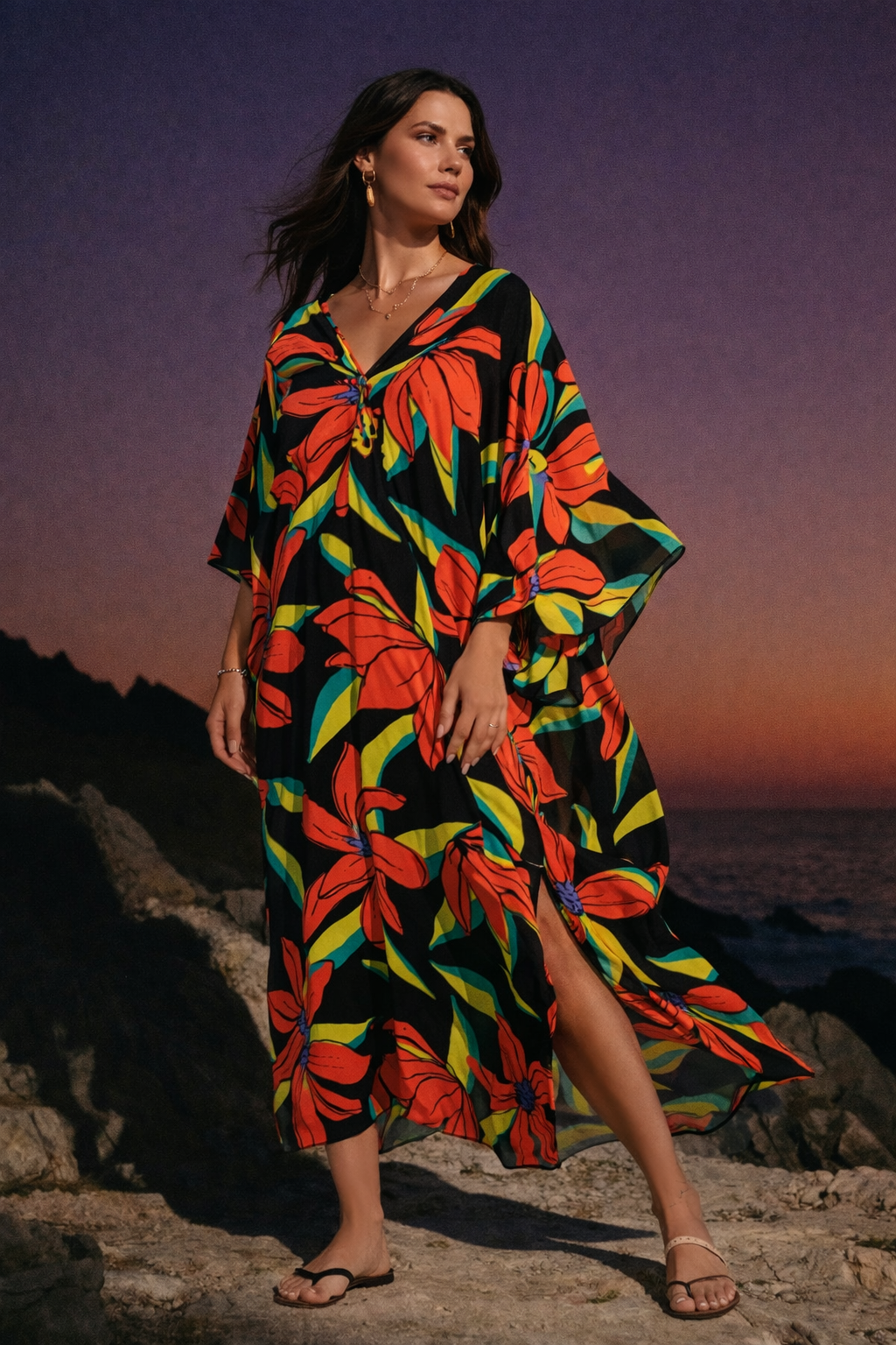 Black Tropical Resort Cotton Bamboo Maxi Dress