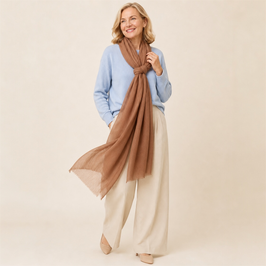 Julian 100% Cashmere Ultra fine  oversized scarf/ wrap/ shawl-
Spiced Latte