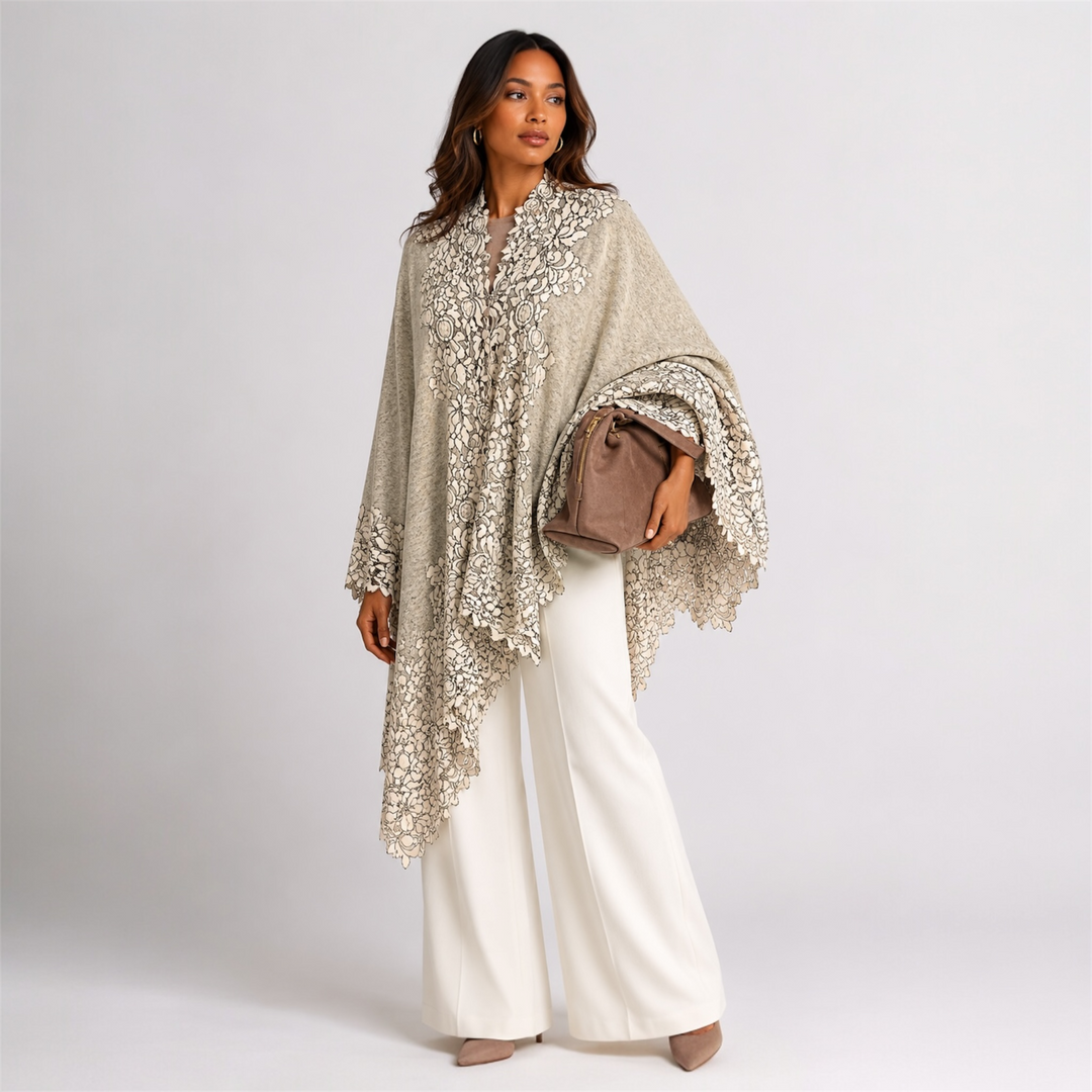 Heather Grey Oversized Julian 100% Cashmere Knitted Cape Shawl with Lace