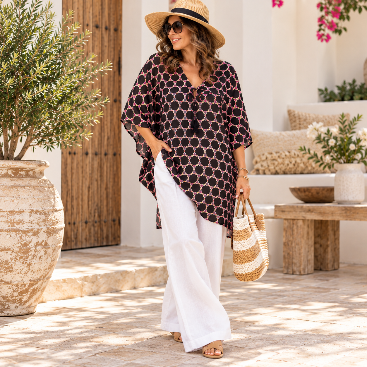 Black 100% Cotton Maya Top Tunic Kaftan With Front Tie - O/S 14-24