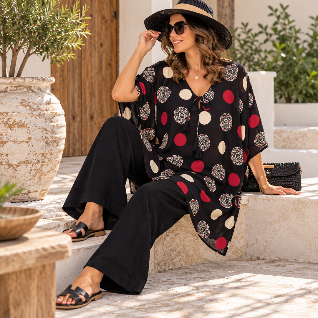 Black 100% Cotton Maya Top Tunic Kaftan With Front Tie - O/S 14-24