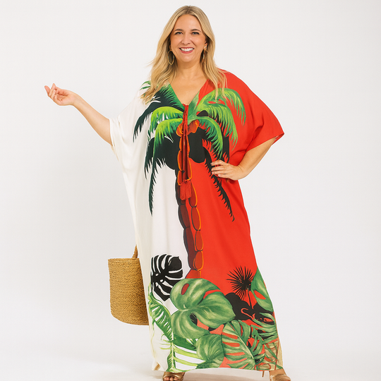 Maya Tropical Red Rayon  Kaftan Dress O/S AU 12-20