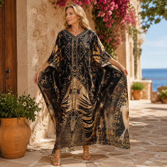 Winter Velvet Black Gold Bling Maya Embellished kaftan O/S AU 12-20
