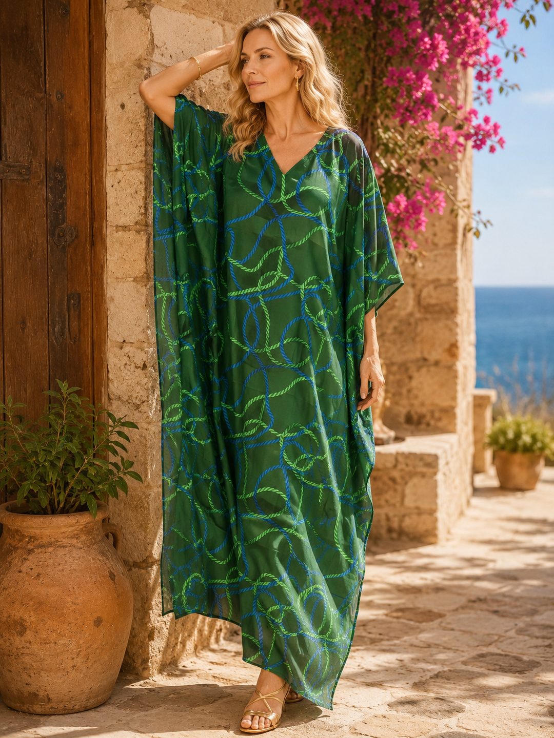 Maya Green Cotton Rayon Kaftan Dress - Sizes Available AU 12-32