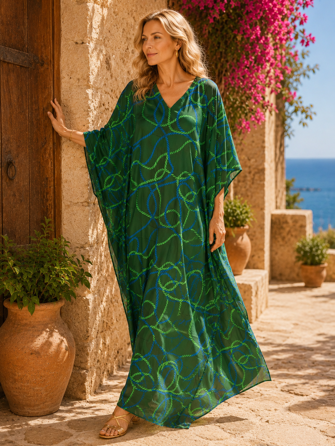 Maya Green Cotton Rayon Kaftan Dress - Sizes Available AU 12-30