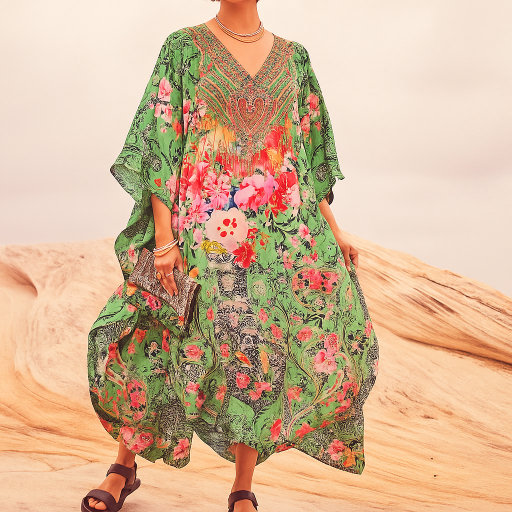Glory Green Maya Silk Mix Bling Kaftan.   Sizes Available AU 12-32