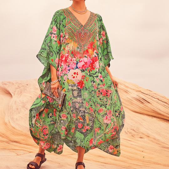 Glory Green Maya Silk Mix Bling Kaftan.   Sizes Available AU 12-32
