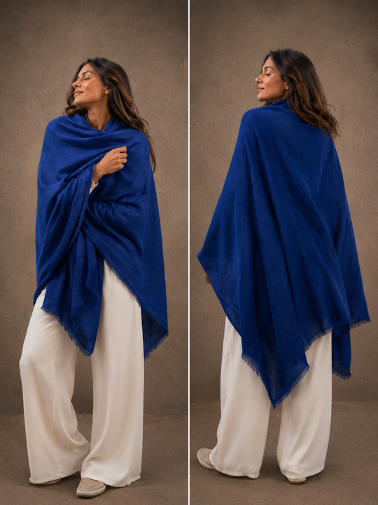 Mklane Luxe Julian Oversized handwoven pure cashmere Travel Wrap- Imperial Blue