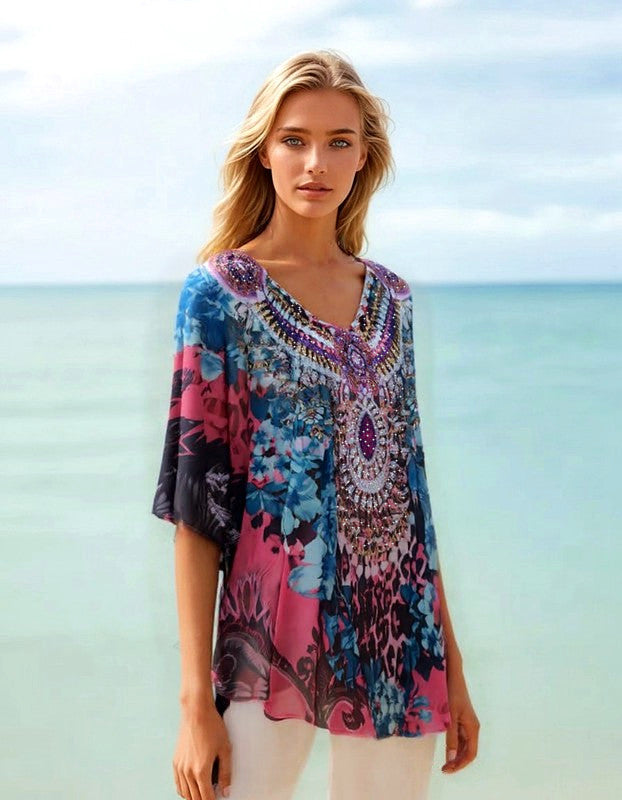 Kyra Relax Fit Sheer Embellished Kaftan Top One Size 10 to 22