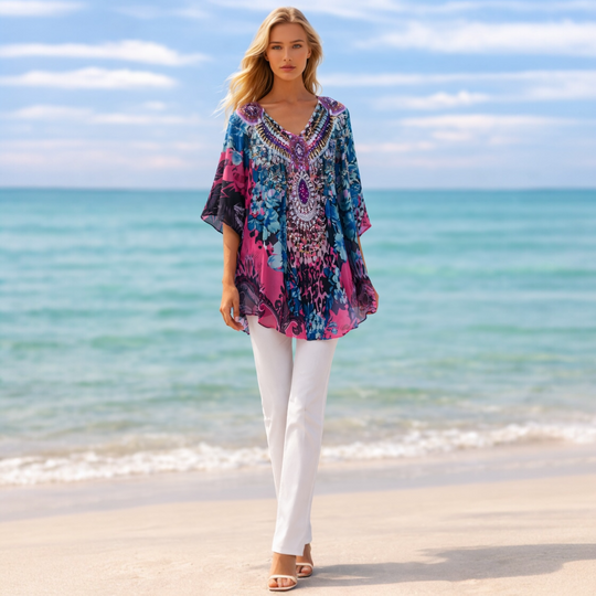 Kyra Relax Fit Sheer Embellished Kaftan Top One Size 10 to 22