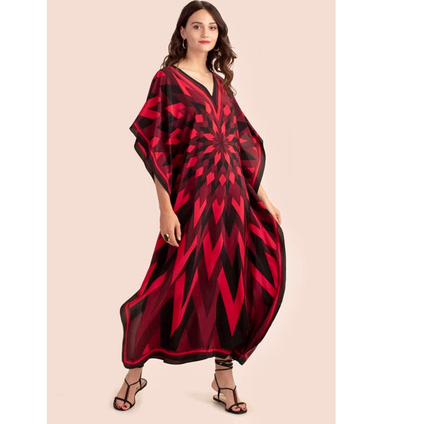 Ruby Radiance: Red Geometric Elegance Plus Size Kaftan