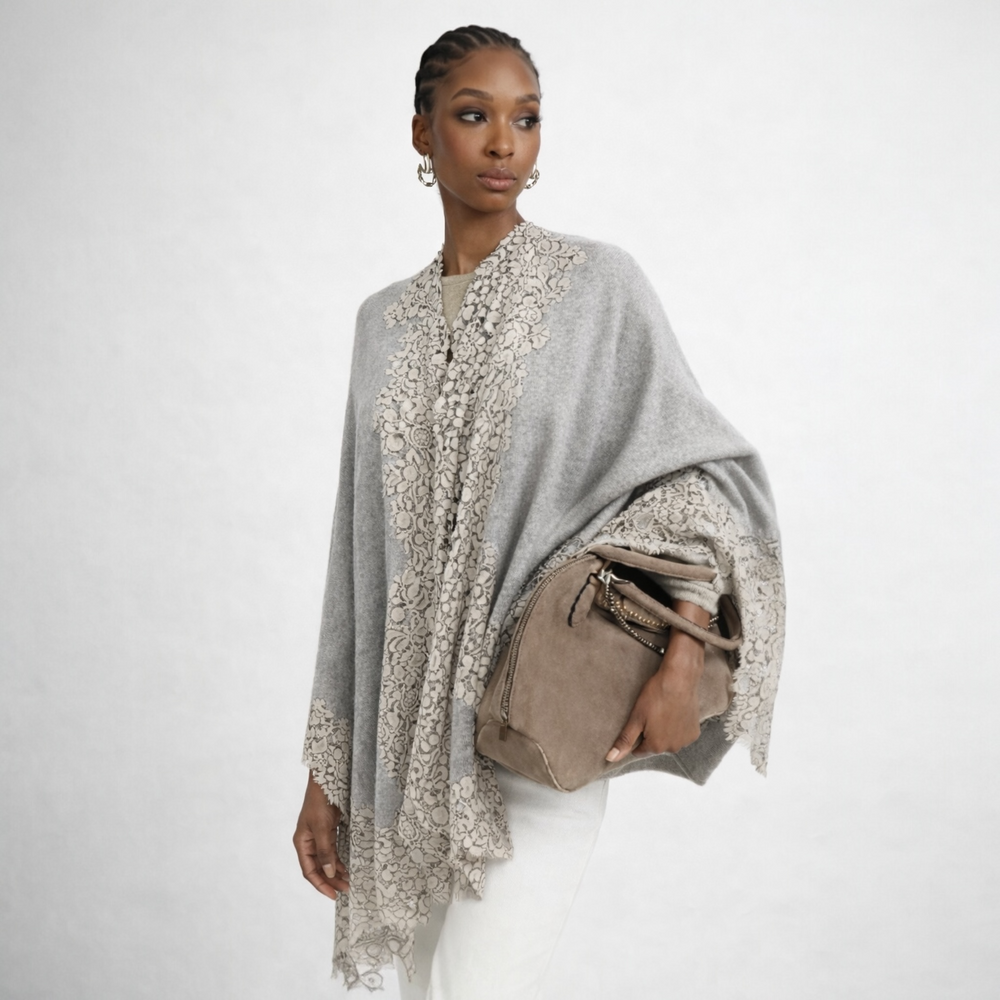 Heather Grey Oversized Julian 100% Cashmere Knitted Cape Shawl with Lace