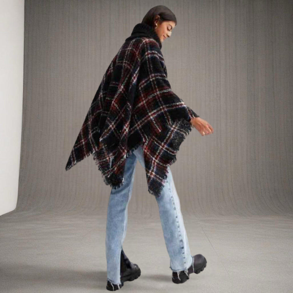 Deia Multi Checks Poncho Shawl with Neckwarmer