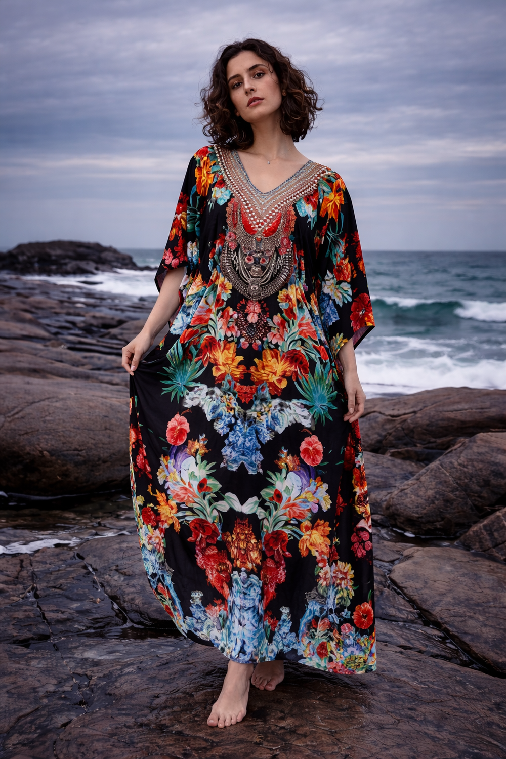 Black Mia Embellished Kaftan Dress