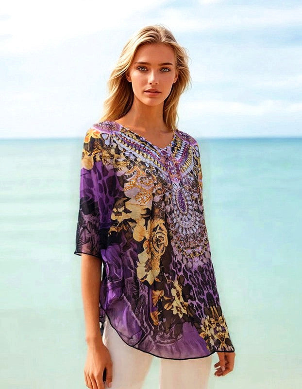 Purple Kyra Relax Fit Sheer Embellished Kaftan Top One Size 10 to 22