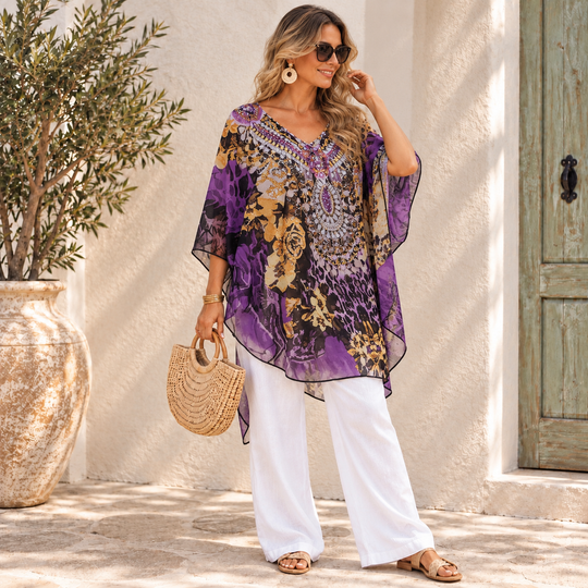 Purple Kyra Relax Fit Sheer Embellished Kaftan Top One Size 10 to 22