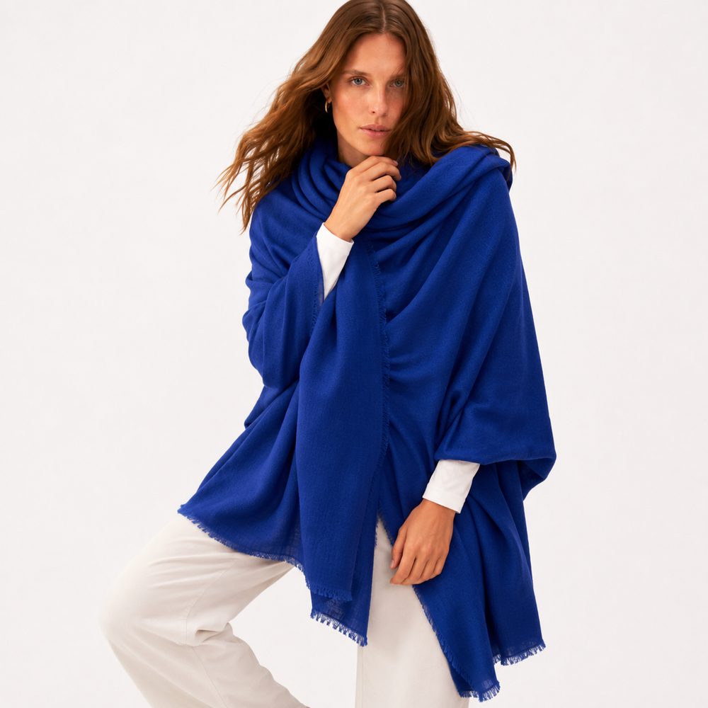 Mklane Luxe Julian Oversized handwoven pure cashmere Travel Wrap- Imperial Blue