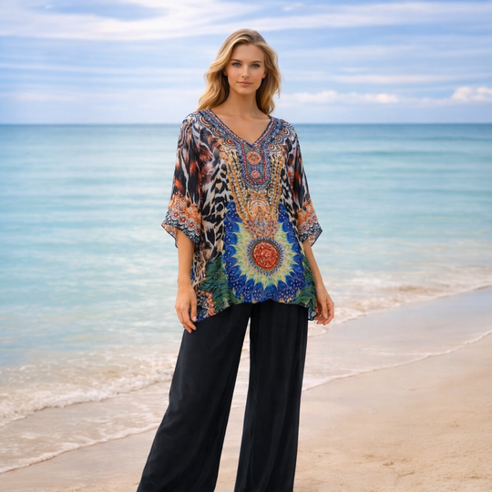 Kyra Relax Fit Bohemian Sheer Embellished  Kaftan Top One Size 10 to 22