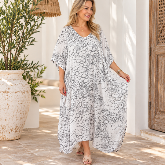 White Animal Maya Long Kaftan One Size AU 12-26