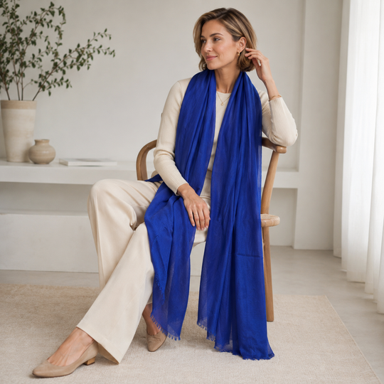Mklane Luxe Julian Oversized handwoven pure cashmere Travel Wrap- Imperial Blue
