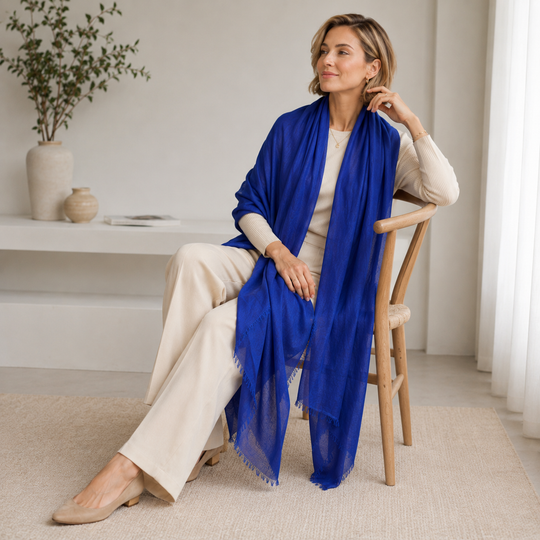 Mklane Luxe Julian Oversized handwoven pure cashmere Travel Wrap- Imperial Blue