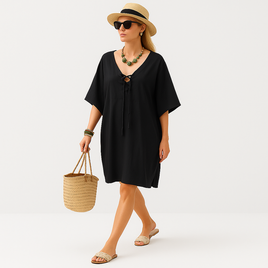 Black Maya Kaftan Top Tunic Front Tie - Sizes Available AU 14-30