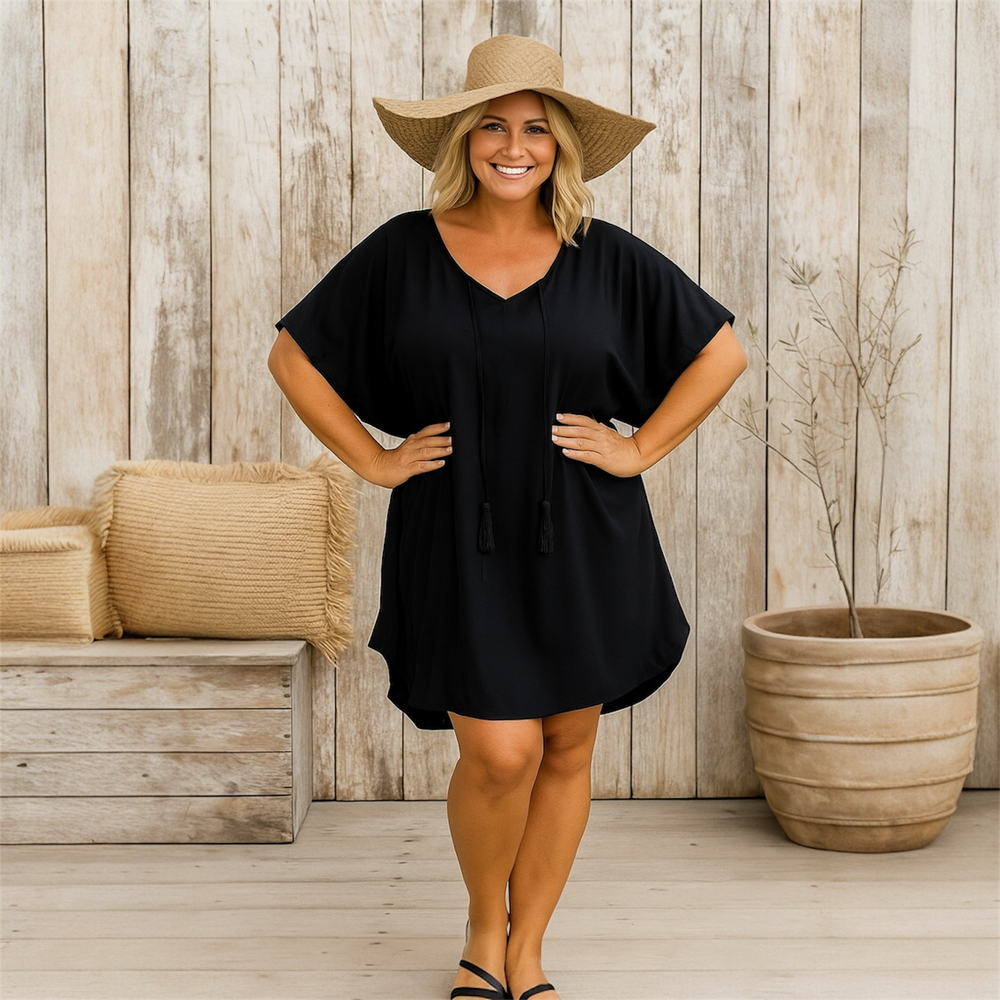 Black Maya Kaftan Top Tunic Front Tie - Sizes Available AU 14-30