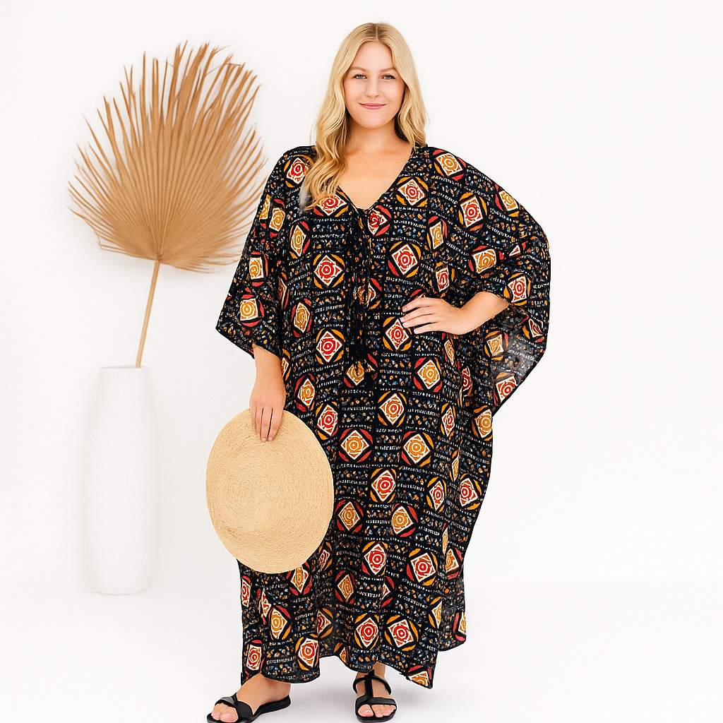 Maya Black Cotton Boho Kaftan Dress- Sizes Available AU 14-30
